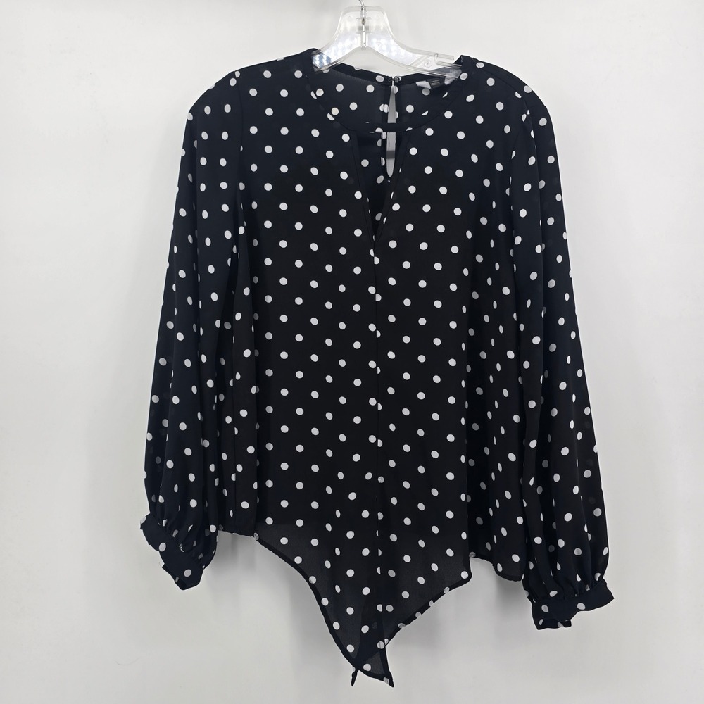 Express Polka Dot Tie Front Blouse Black White Long Sleeve Medium Petite